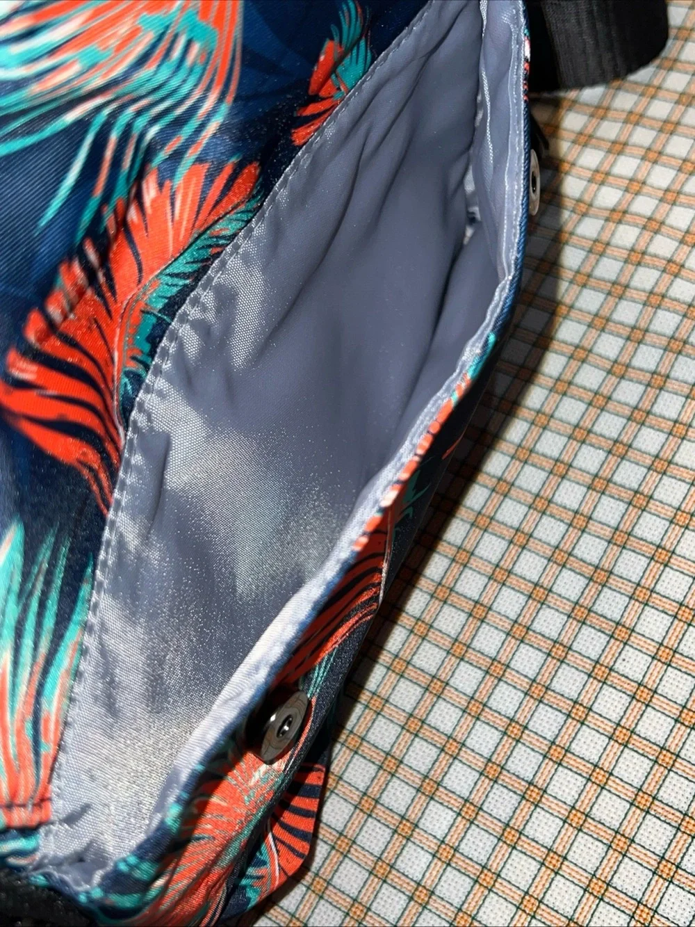 HKWP Navy Crossbody Bag with Coral & Teal Tropical Print